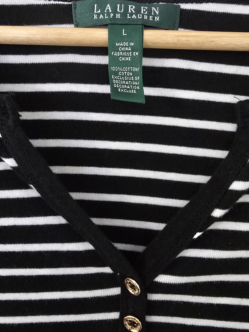Ralph Lauren Black & White Striped Henley Top, 3/4 Sleeves, Euc - Picture 2 of 4